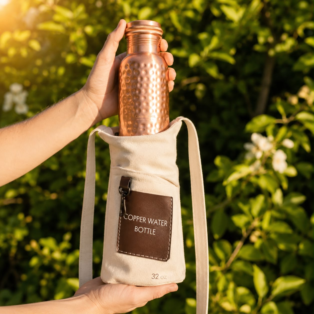 Handmade Brushed & Hammered Copper Ayurvedic Water Bottle