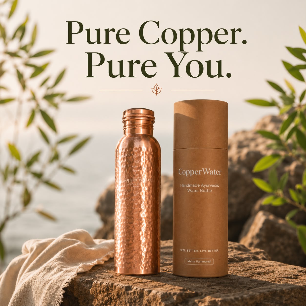 Handmade Brushed & Hammered Copper Ayurvedic Water Bottle