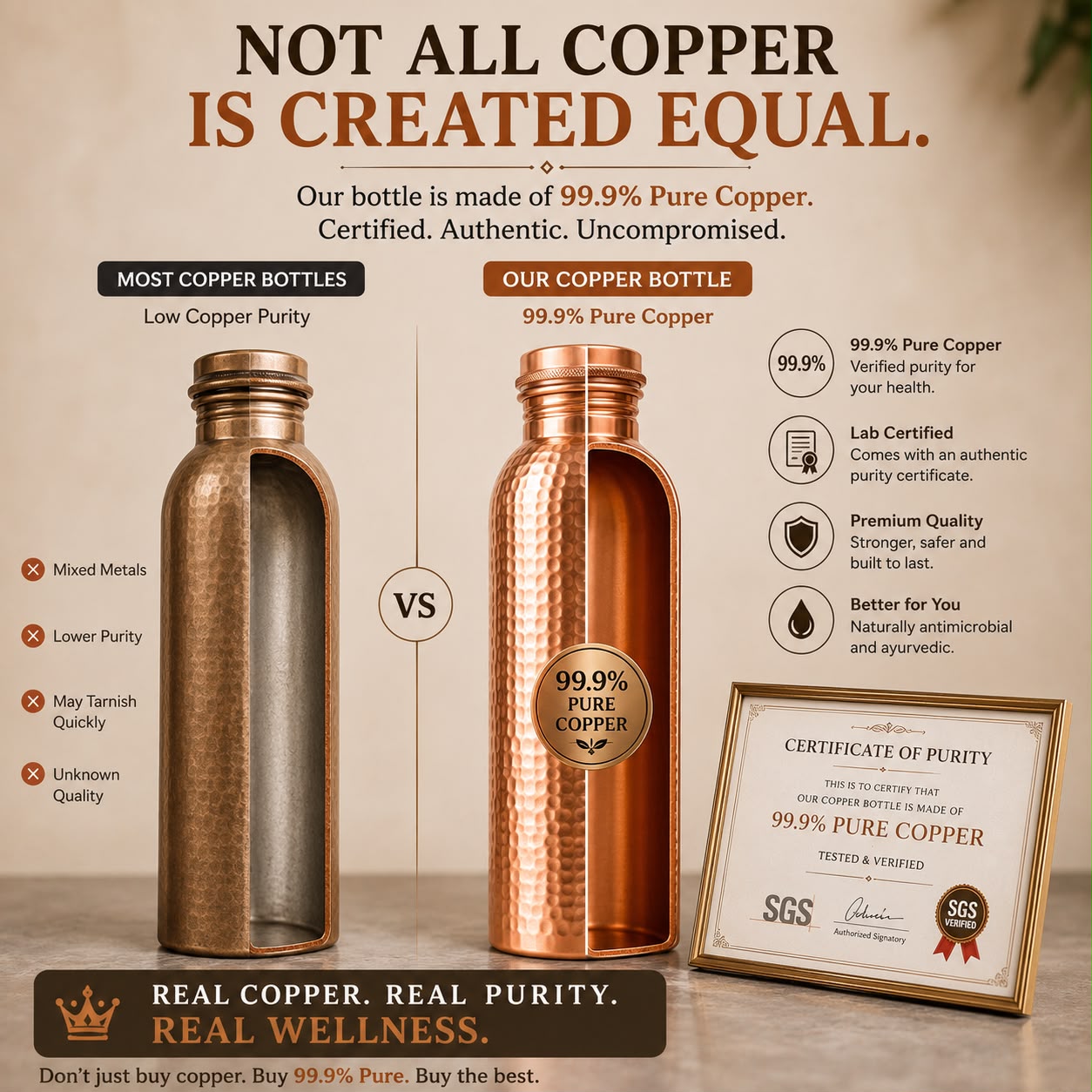 Handmade Brushed & Hammered Copper Ayurvedic Water Bottle